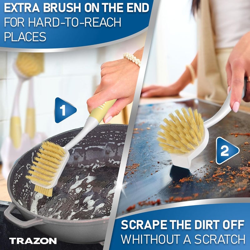 Trazon Dish Brush Set of 5 with Holder - Kitchen Scrub Brushes with Non-Slip Long Handle for Cleaning, Scrubber, Dishwashing, Dishes, Bottles, Straws, Cups, Pots & Sink, Baige - Image 3